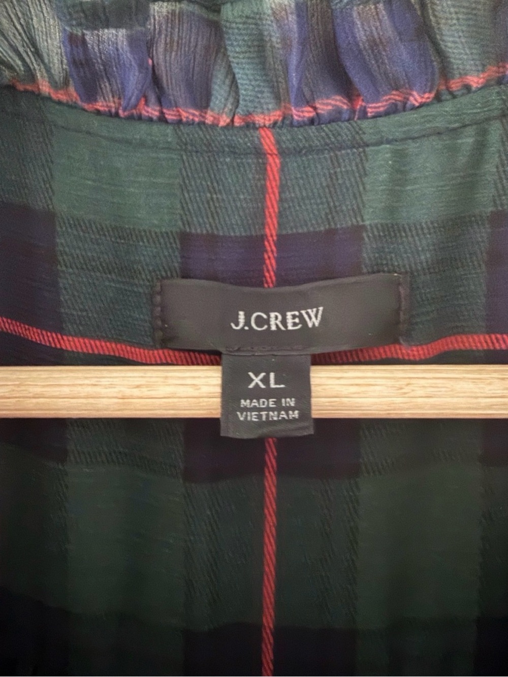J. Crew XL Black Red + Green Tie Neck Tartan Plaid Holiday Ruffle Dress - Picture 8 of 14